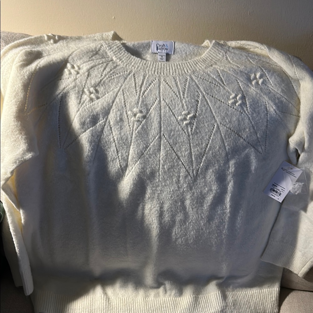 Croft & Barrow White Crew Neck Sweater with Lace Knit Design